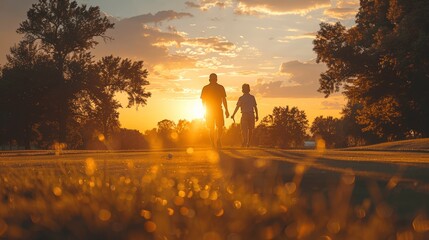 Father and Son Golfing at Sunset Sense of Bonding on Summer Evening Golf Course