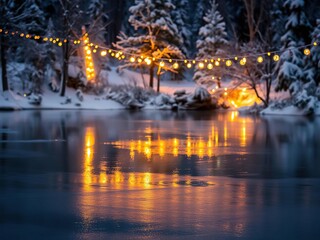 Naklejka premium Twinkling Christmas lights reflected on a frozen pond surrounded by snow-covered trees, sparkling lights, frozen scenery, snowy trees