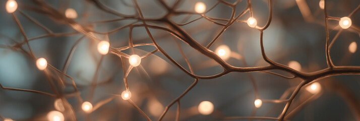 A close-up view of interconnected, illuminated nodes suggests the complexity of neural networks, with each light resembling a neuron in synaptic contact.