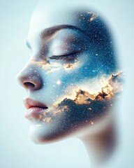 Fototapeta premium Double exposure concept with human face silhouettes and texture. Dreamy face with cosmic elements and a serene expression