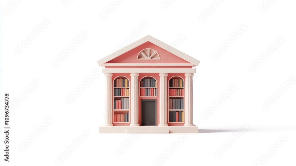 Poster a stylized miniature library with columns and bookshelves, symbolizing knowledge and learning.