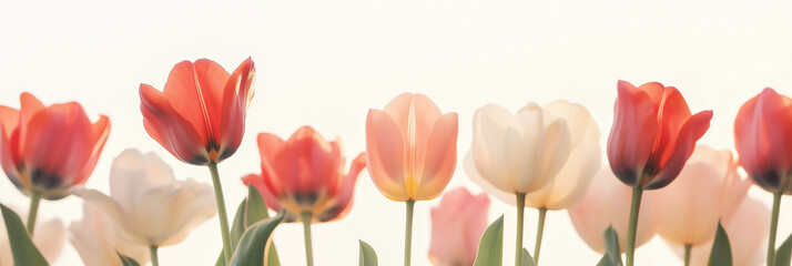 Fototapeta premium A serene row of pastel-colored tulips is captured in soft lighting, swaying slightly, creating a peaceful and gentle composition against a muted background.