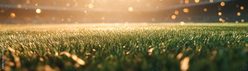 Poster close-up of a grassy field illuminated by soft light, suggesting a sports environment.