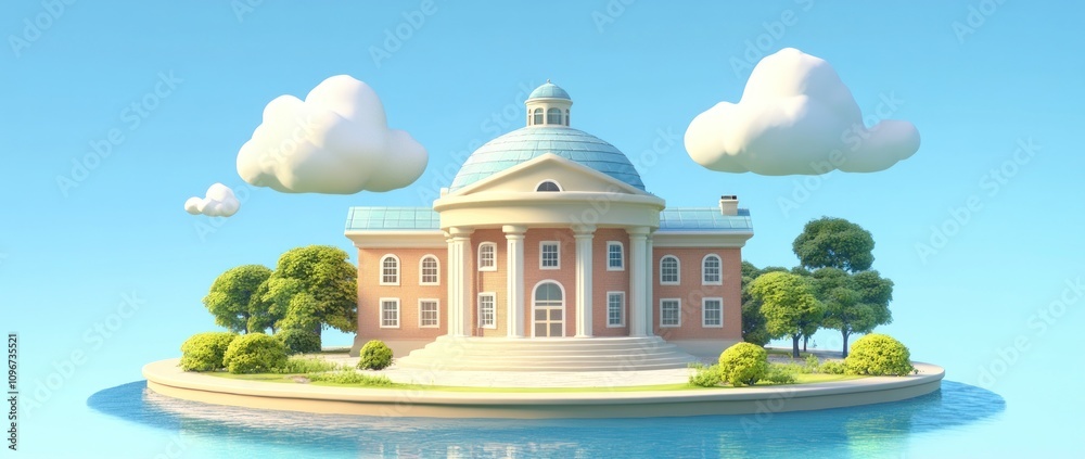 Poster A whimsical architectural structure on an island surrounded by water and trees.