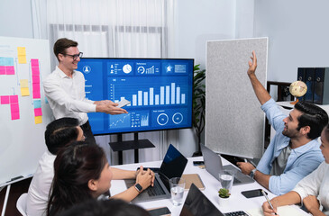 Presentation in office or meeting room with analyst team utilizing BI Fintech to analyze financial...