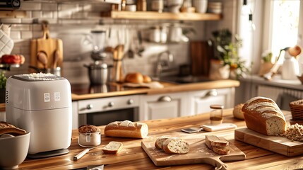 Modern bread maker on a wooden kitchen counter, surrounded by freshly baked bread and artisanal baking tool, in a cozy culinary setting.