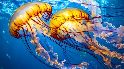 A stunning underwater photograph showcasing the ethereal beauty of two golden jellyfish, their bodies illuminated by the sunlight filtering through the water.