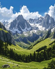 Fototapeta premium there is a mountain range with a green valley and a few trees