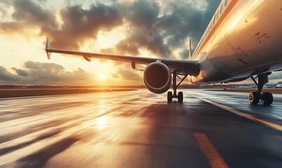 Airplane on runway during sunset, showcasing travel and aviation.