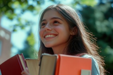 Fototapeta premium A young girl holding a bundle of books, possibly preparing for school or reading for pleasure