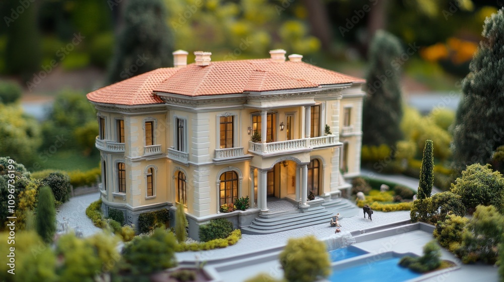 Poster a small model of a house with a pool and a garden