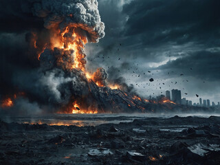 A large-scale explosion in an industrial area, with dark smoke and fire dominating the scene, symbolizing the impact of industrial disasters