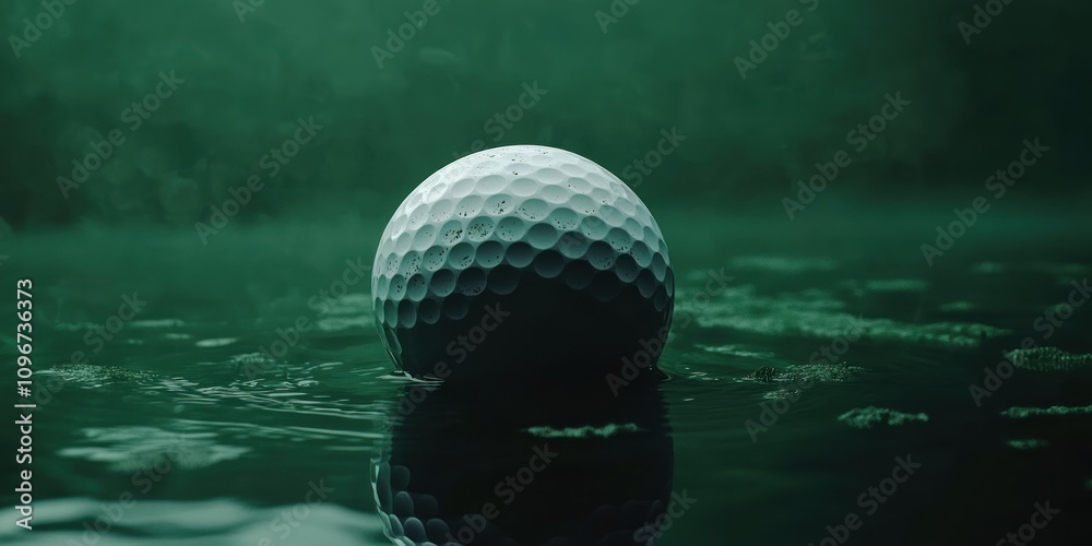 Poster a close-up of a golf ball floating on water, creating a serene and reflective atmosphere.