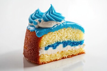 A slice of cake with bright blue frosting on top, ready to be served