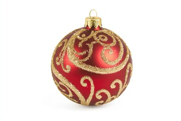 A single red and gold Christmas ornament hangs from a white background, perfect for holiday decorations or gift wrapping