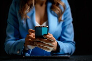 Businesswoman in Blue Suit Using Smartphone with Digital Pass Screen and Laptop in Office Closeup