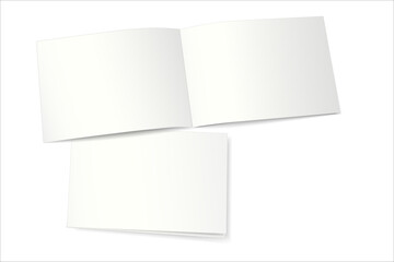 Mockup of an open (top) and closed (bottom) two-page booklet, notebook, brochure, magazine, book. Transparent background. 3D vector illustration for your design.