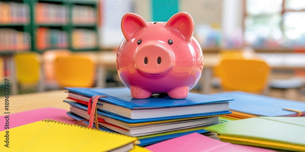 Poster a piggy bank sits atop colorful notebooks in a classroom setting.