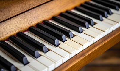 Close-up of a vintage piano keyboard, showcasing the ivory and ebony keys and rich wood grain of the instrument.  Perfect for music, education, or nostalgic themes.