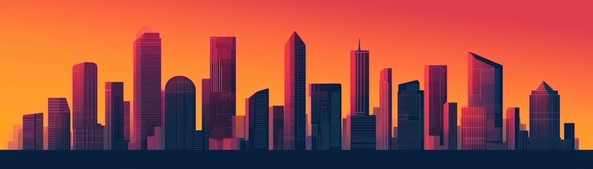 Obraz premium A vibrant city skyline silhouette against a colorful sunset, featuring tall buildings and an urban atmosphere.