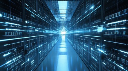 Abstract digital data streams flow through a futuristic server room, illuminated in vibrant blues.  A captivating visual representation of technological advancement and information flow.