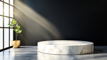A minimalistic interior scene featuring a round marble podium, a small potted plant, and rays of sunlight gently illuminating a dark wall.