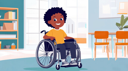 Inclusive classroom environment promoting support and accessibility for children with disabilities. Boy in a wheelchair in the school. Disability Rights, Inclusivity concept. World Disability day