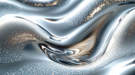 Abstract silver liquid with sparkling glitter, creating a luxurious and elegant mood. The metallic sheen and flowing texture evoke a sense of fluidity and movement.