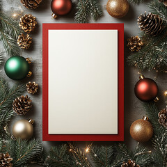 Festive Christmas Card Mockup with Red Frame and Ornaments
