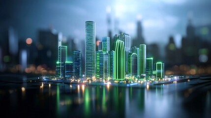 Fototapeta premium Glowing Green Futuristic Smart City Powered by Hydrogen Fuel Cells