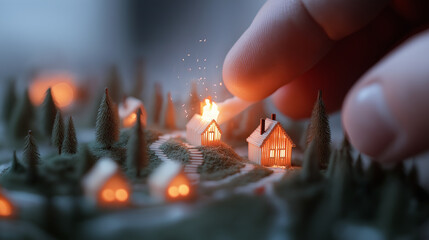 Forest fire near a village made of matchsticks, burning architectural models of buildings