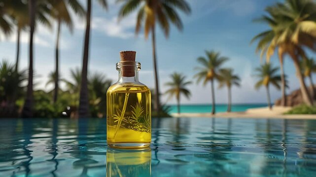 A bottle of olive oil with a beach background. Seamless 4K looping timelapse video animation