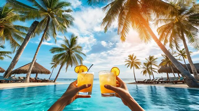 Enjoying refreshing cocktails by the poolside under palm trees at a tropical resort during sunset