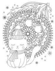 Christmas coloring page. Adult coloring book. Cute cat with scarf and knitted cap. Hand drawn vector illustration.
