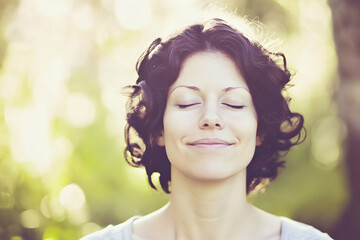 Serene woman with eyes closed, enjoying peaceful moment in nature; sunlit bokeh background.