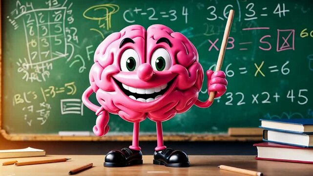 cute happy cartoon brain with pointer near blackboard at school