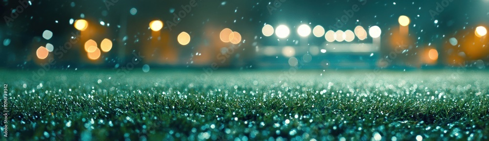 Poster A close-up view of a wet grass field under soft lighting, evoking a serene sports atmosphere.