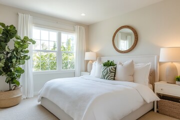 Fototapeta premium Spacious and Elegant Bedroom with White Bed, Large Window, and Modern Interior Design