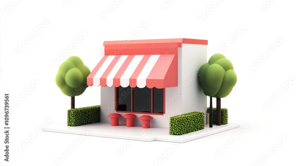 Poster a small, stylized storefront with a striped awning and greenery.