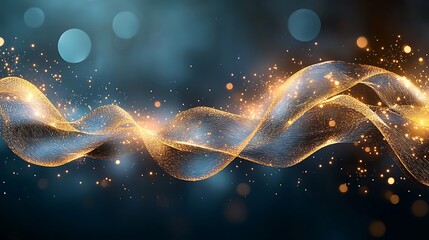 The abstract image depicts a mesmerizing display of golden lights gracefully intertwining with bursts of vibrant fireworks against a deep, dark backdrop signifying a joyous celebration.