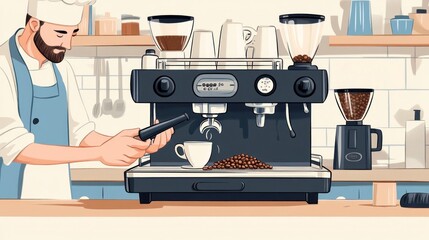 A barista using an espresso machine to prepare coffee in a cozy caf? setting.