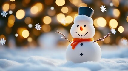 Fototapeta premium Chilly Snowman with Warm Sunset Glow and Flying Snowflakes
