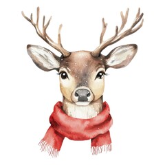 A cute deer wearing a red scarf, featuring antlers and a friendly expression, perfect for winter-themed art or holiday decorations.