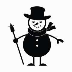 Snowman silhouette in black vector design featuring a scarf and hat ideal for winter-themed festive decorations