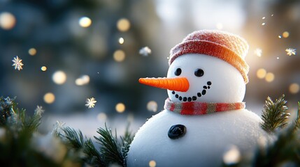 Obraz premium Snowman with Softly Glowing Nose in Snowy Evening Light