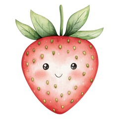 Obraz premium A cute, smiling strawberry with green leaves, designed in a whimsical, cartoonish style, evoking a cheerful and playful vibe.