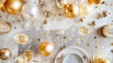 Fototapeta premium Sophisticated New Year's Party Table with Silver and Gold Accents, Celebrating Festivity and Style