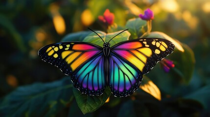A colorful butterfly perched on the tip of a lush green leaf