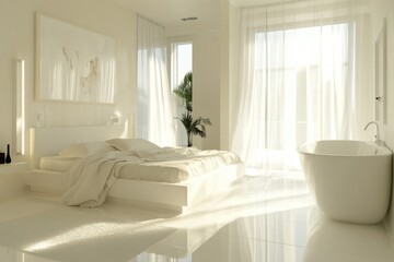 Fototapeta premium Modern Bedroom Design with White Furniture and Attached Bathroom