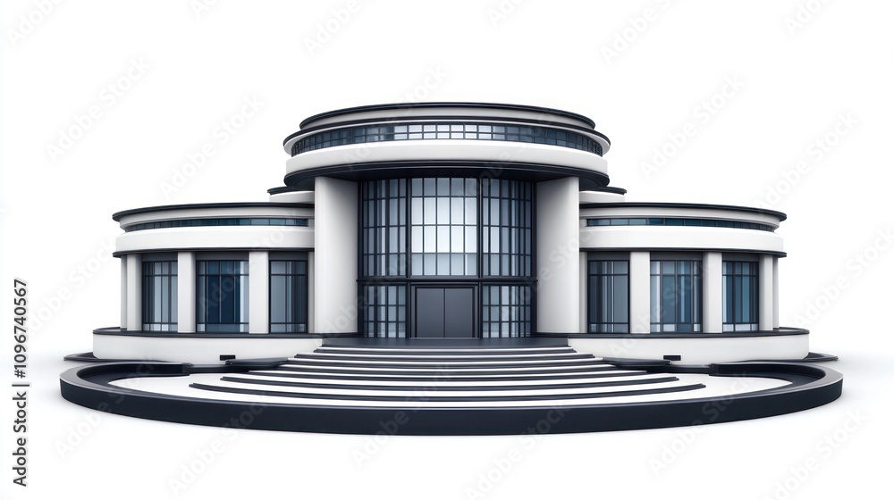 Poster a modern architectural building with a grand entrance and circular design.